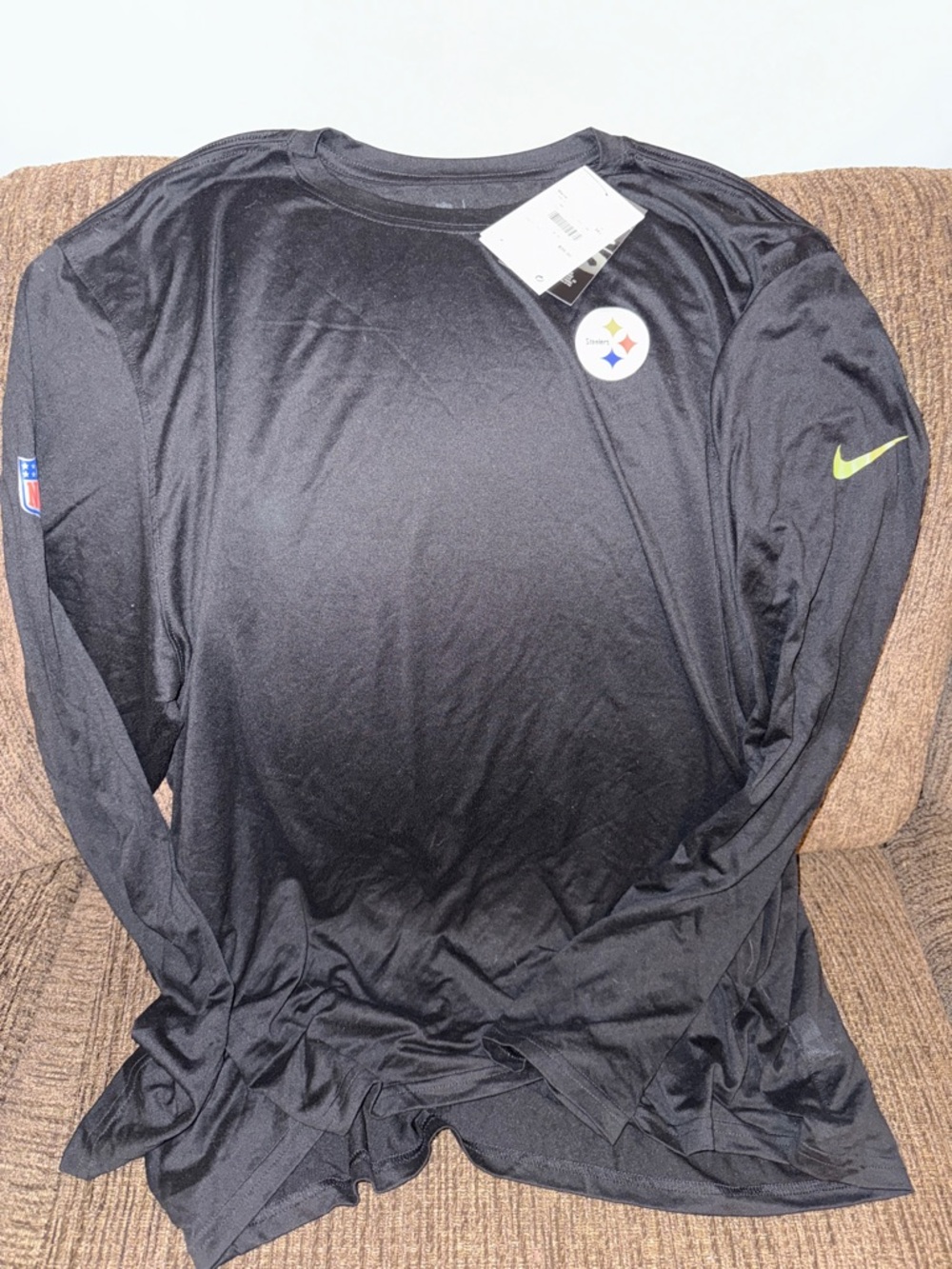 Nike Black Long Sleeve Pittsburgh Steelers Performance Top with Gold Swoosh